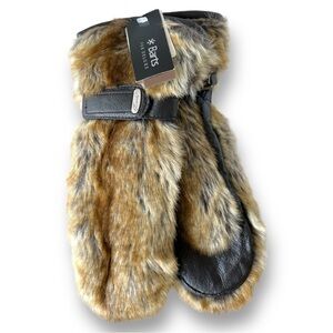 NWT Barts Brown Palm Leather Faux Fur Mittens Fur Paws One Size Unisex